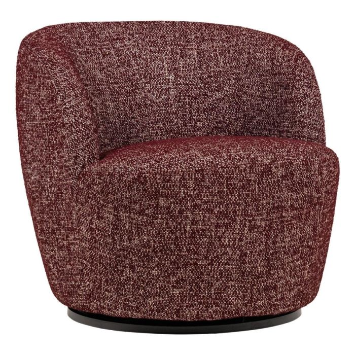 WOOOD Serra draaifauteuil in bordeauxrode melangestof met ronde vormen en zwarte draaivoet.
