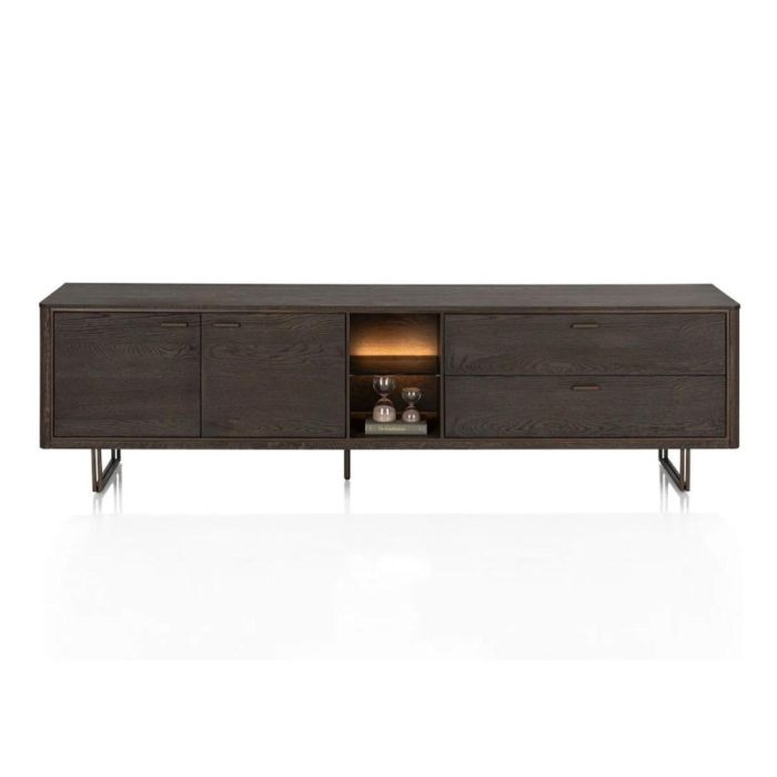 Henders & Hazel Lowboard Mogan 220 cm met donkere houtlook, deuren, laden en LED-verlichting.