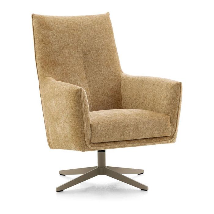 Schuin vooraanzicht van de hoge Baenks draaifauteuil Fernhill in Stella 09-Camel met kruispoot