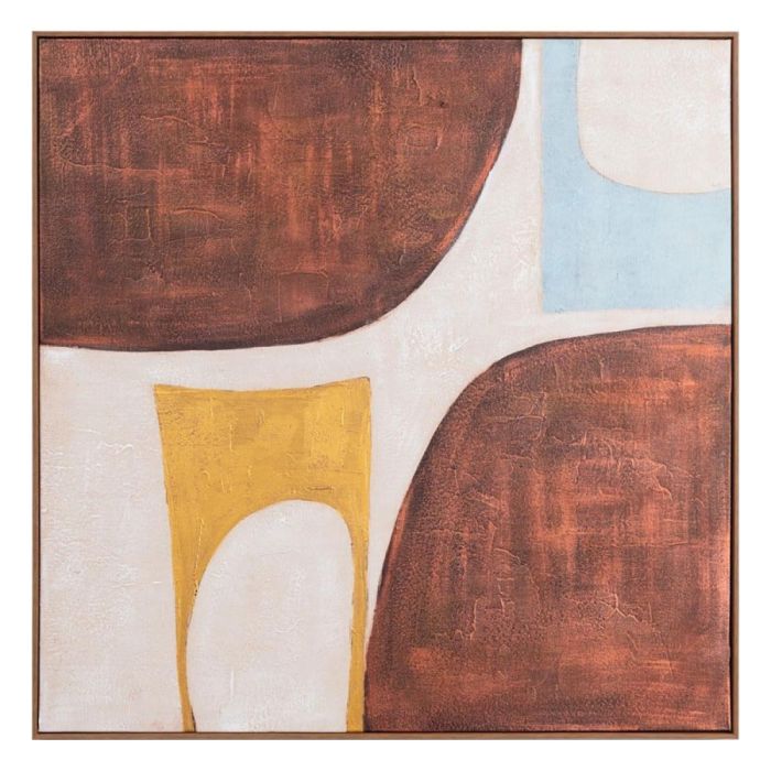 COCOmaison schilderij Annemijn van 80x80 cm met abstracte geometrische vormen in roodbruin, crème, okergeel en lichtblauw.