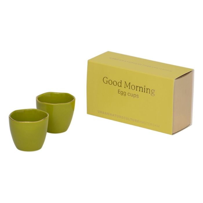 Twee groene Good Morning eierdoppen in Split Pea met gele geschenkverpakking.