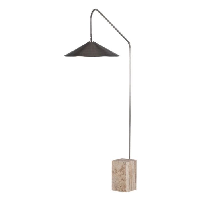 WOOOD Korn vloerlamp in chroom met brede metalen kap en natuurstenen voet.