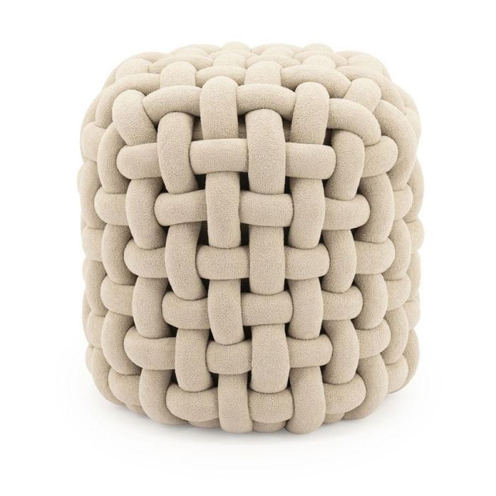 Beige By-Boo poef Poofie met kubusvorm, grove vlechtstructuur en verticale banen