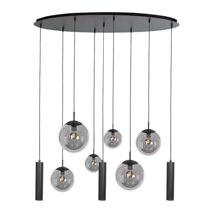 Vooraanzicht van hanglamp Bollique 4846ZW van Steinhauer met smoke glazen bollen en zwarte cilindervormige spots