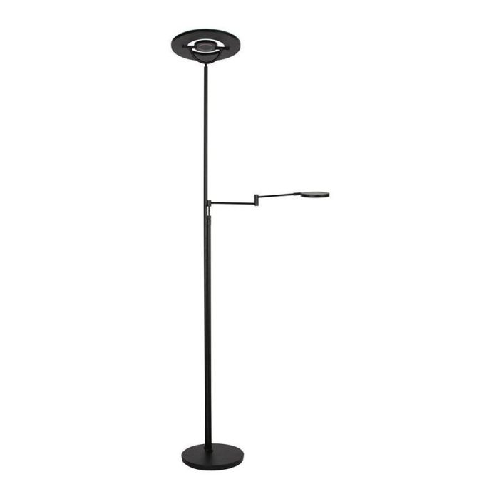 Vooraanzicht van zwarte Steinhauer vloerlamp Soleil met ronde uplight en uitklapbare leesarm