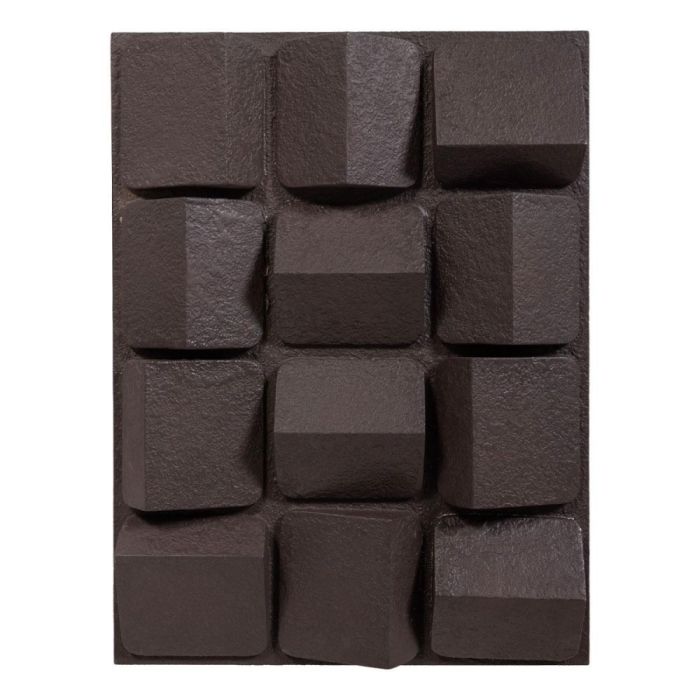 Bruine WOOOD Axis wanddecoratie met geometrische 3D-vormen en ruwe betonlook.