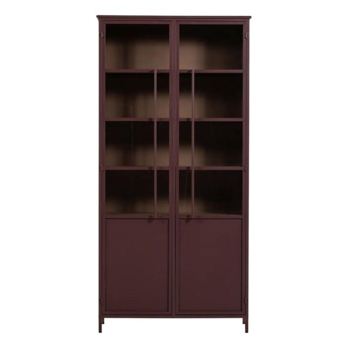 Vooraanzicht van bordeauxrode WOOOD Exhibit XL vitrinekast met twee glazen deuren.
