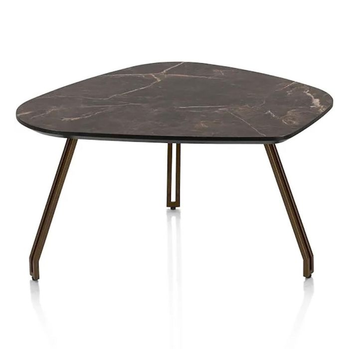 Henders & Hazel Mogana salontafel met Marble Brown HPL-blad en Steelbrown poten, vooraanzicht.