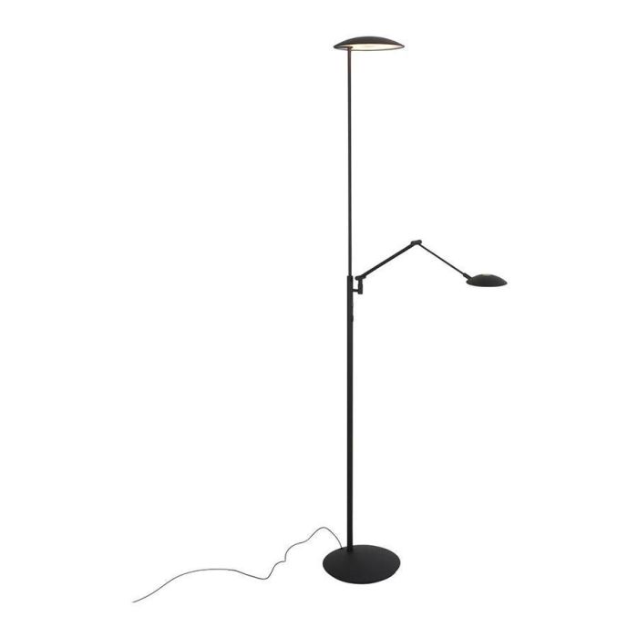 Vooraanzicht van zwarte vloerlamp Daphne 2 4602ZW met ronde uplight, verstelbare leesarm en ronde voet