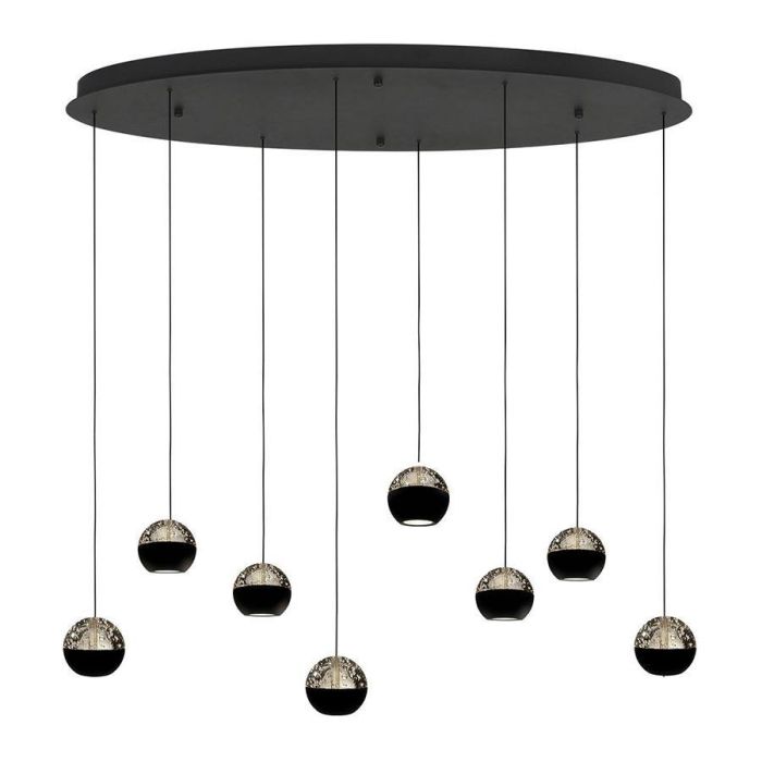 Hanglamp Belluno met acht smoke glazen bollen op verschillende hoogtes onder een zwarte ovale plafondplaat