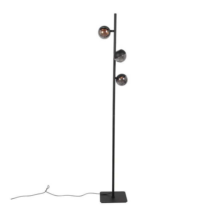 Vooraanzicht van vloerlamp Belluno met drie smoke glazen lichtpunten aan een slanke zwarte staander