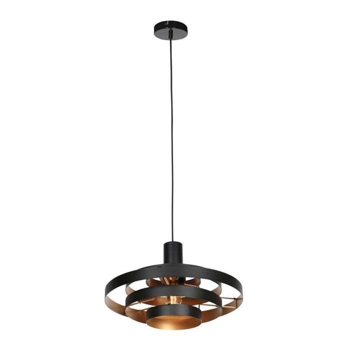 Hanglamp Halo Cirque 4217ZW met vijf open zwarte ringen, goudkleurige binnenzijde en ronde plafondkap