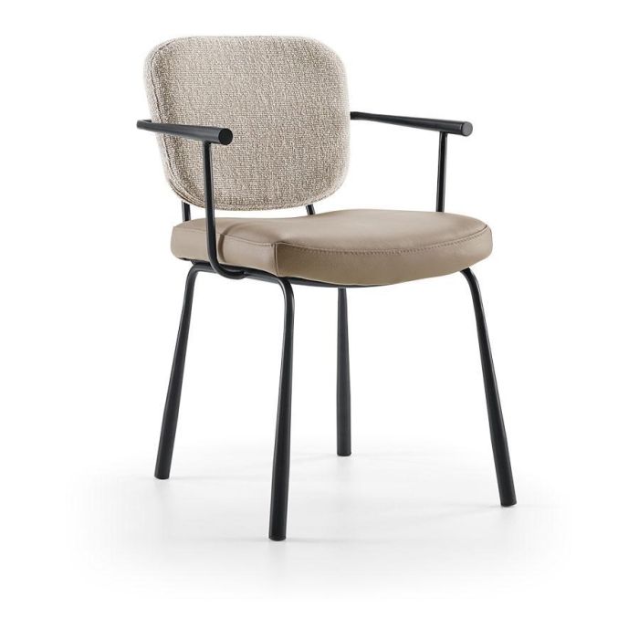 Eetkamerstoel Whitfield met beige zitting, licht gemêleerde rugleuning en zwart metalen frame zijaanzicht