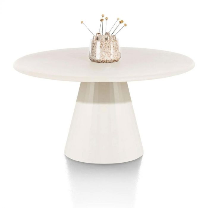 Detail van eetkamertafel LUND met centraal conisch onderstel in lichte kleur.