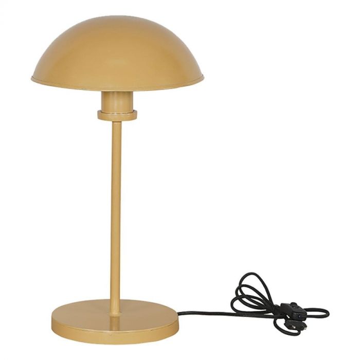 Miles tafellamp van metaal in de kleur mustard met bolvormige kap en zwart snoer, hoogte 42 cm en industriële uitstraling.