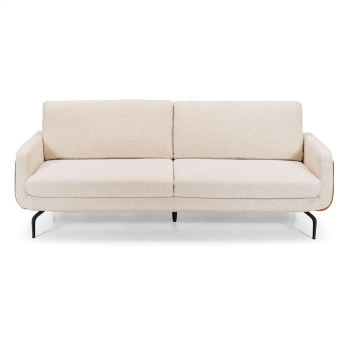  Baenks 3-zitsbank in boucléstof Ascot pearl met zwarte metalen poten, vooraanzicht.