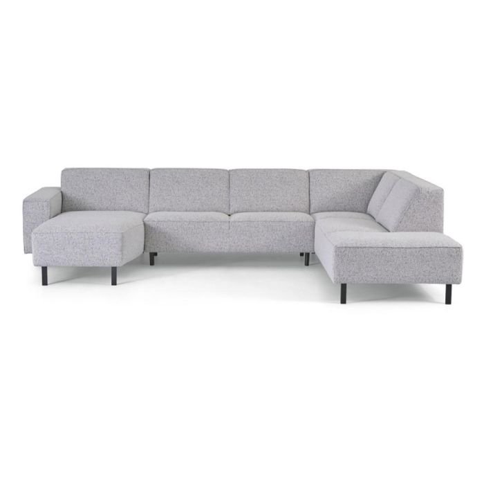 Montèl hoekbank 40-4 Links in grijze Monarch-stof met strakke kubistische vormen, metalen zwarte poten en chaise longue links, vrijstaand tegen een lichte achtergrond.