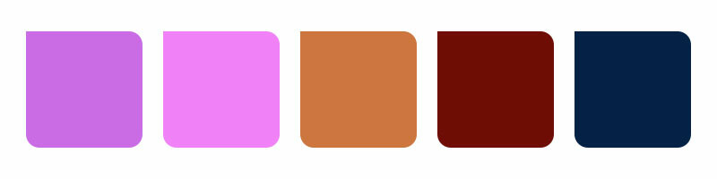 Kleurenpalet French Flower Market met tinten lavendel, roze, terracotta, diep rood en donkerblauw