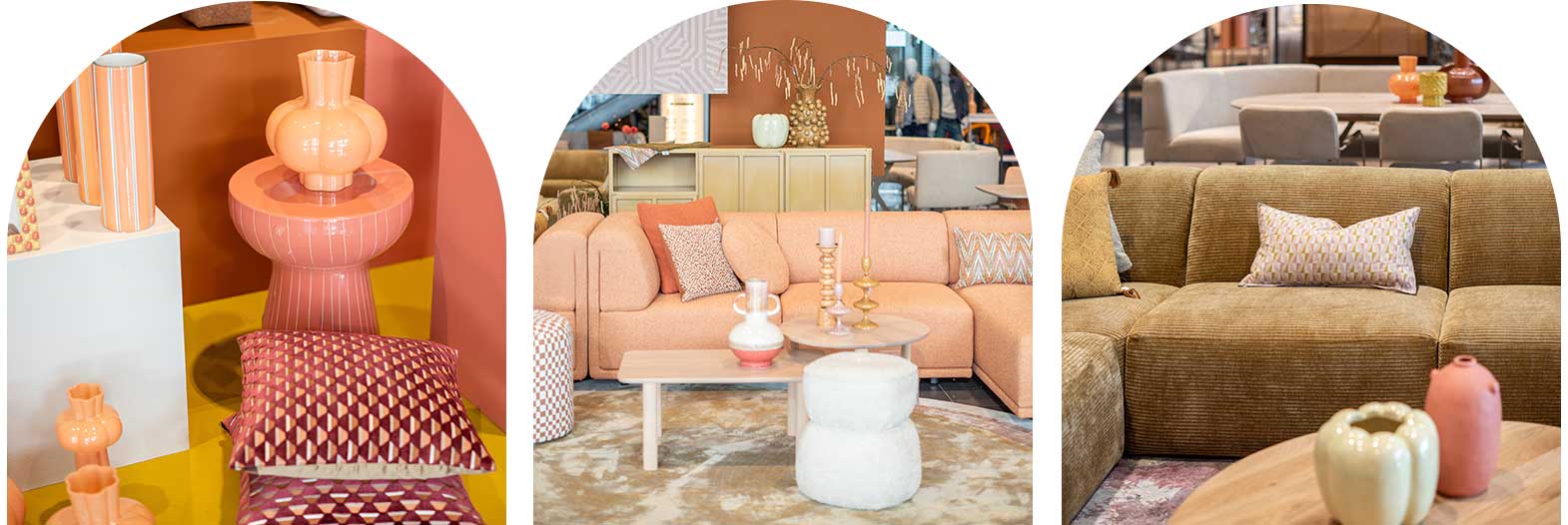 Modern Retro interieur met warme aardetinten, organische vormen en speelse patronen. Perzikkleurige en mosterdgele meubels gecombineerd met grafische accessoires en keramiek