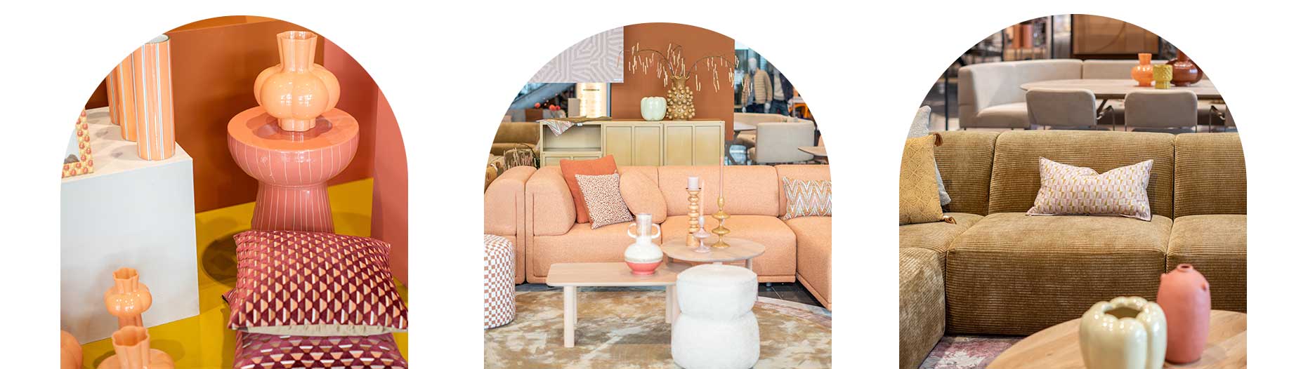 Modern Retro interieur met warme aardetinten, organische vormen en speelse patronen. Perzikkleurige en mosterdgele meubels gecombineerd met grafische accessoires en keramiek