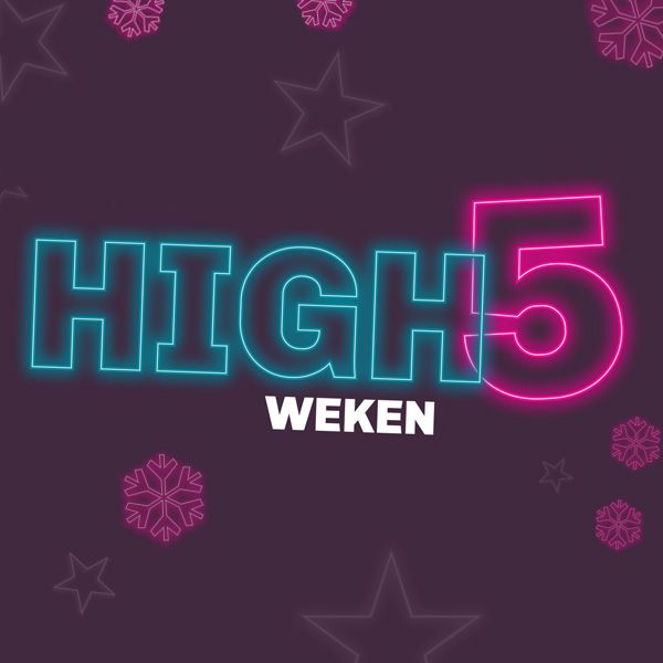 Afbeelding met neonachtige tekst High5 Weken op een donkere paarse achtergrond met sterren en sneeuwvlokken in verschillende groottes.