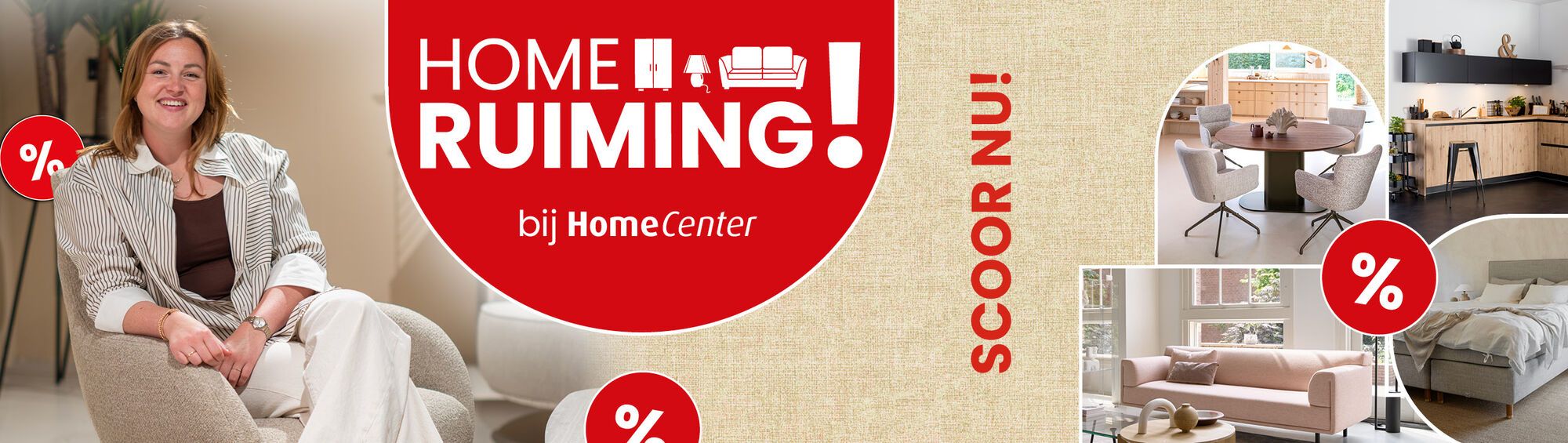 Banner van de HomeRuiming bij Home Center met aanbiedingen op meubels, woonaccessoires en wooninspiratie.
