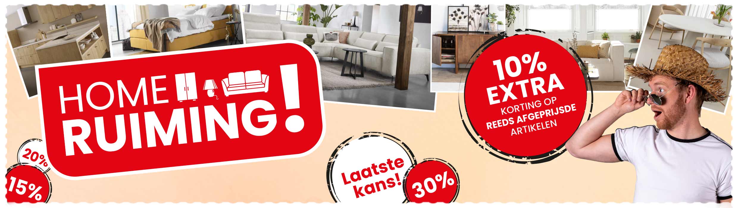 Promotie Home Ruiming met hoge kortingen op meubels en enthousiaste vrouw die wijst naar actie