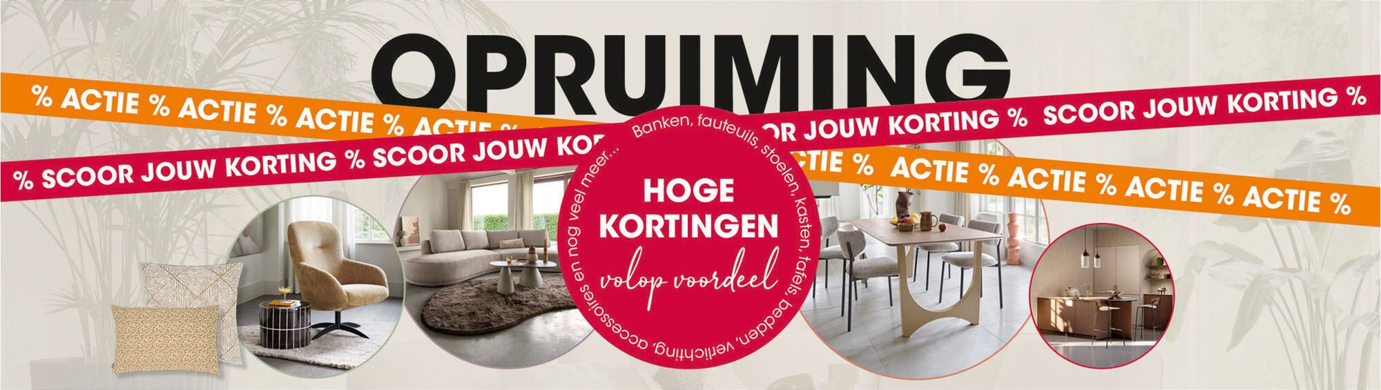 Banner van de Pre-Opruiming bij Kapenga Wonen met hoge kortingen op meubels, verlichting, woonaccessoires en woondecoratie.