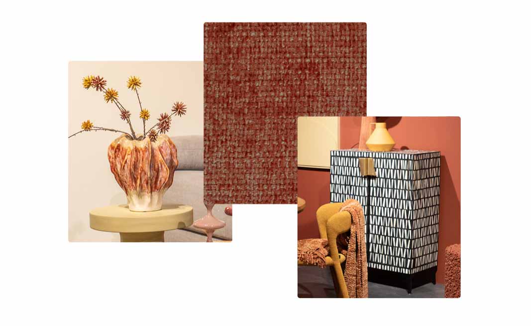 drie afbeeldingen van de woontrend Blush & Bold met verschillende woonaccessoires