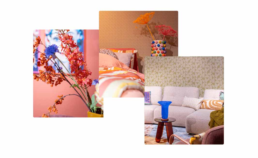 drie afbeeldingen van de woontrend colour grid met veel kleur en woonaccessoires