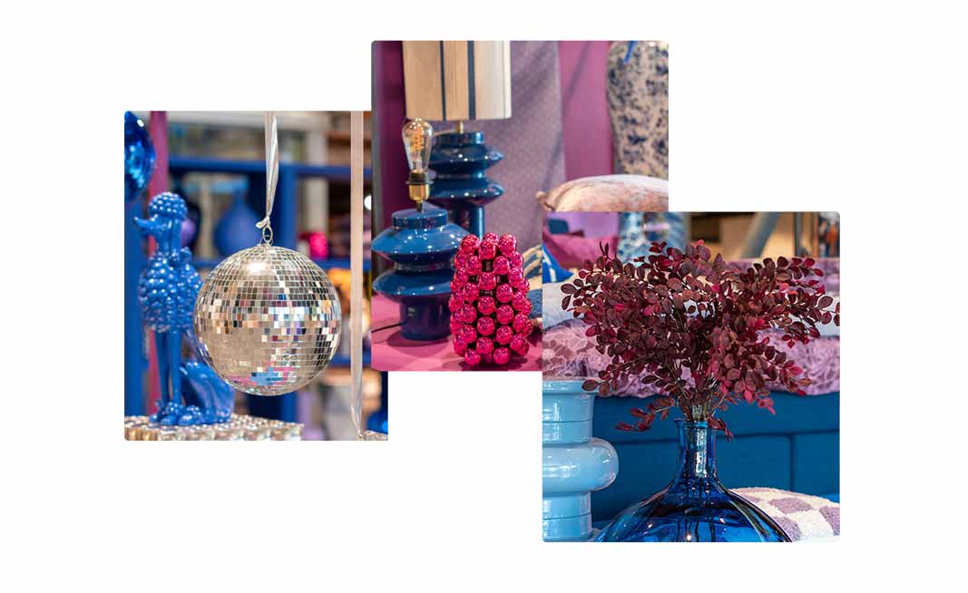 drie foto's van de woontrend cosmic future met woonaccessoires, zoals vazen, disco bal, kussens en bloemen