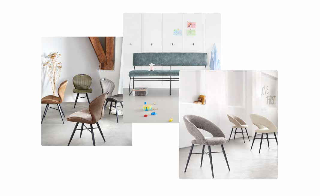 Een sfeerbeeld van 3 eethoeken met een blauwe zitbank en eetkamerstoelen in natuurlijke kleuren