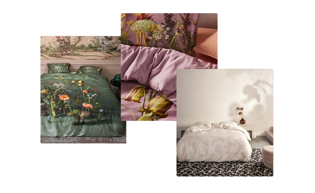 Een sfeerbeeld met 3 afbeeldingen van een bed met gekleurd beddengoed