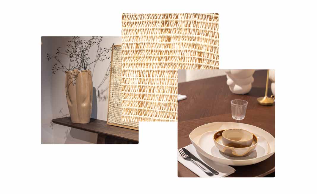 Afbeelding van slow life met sfeerimpressies, zoals woonaccessoires en materiaal structuren