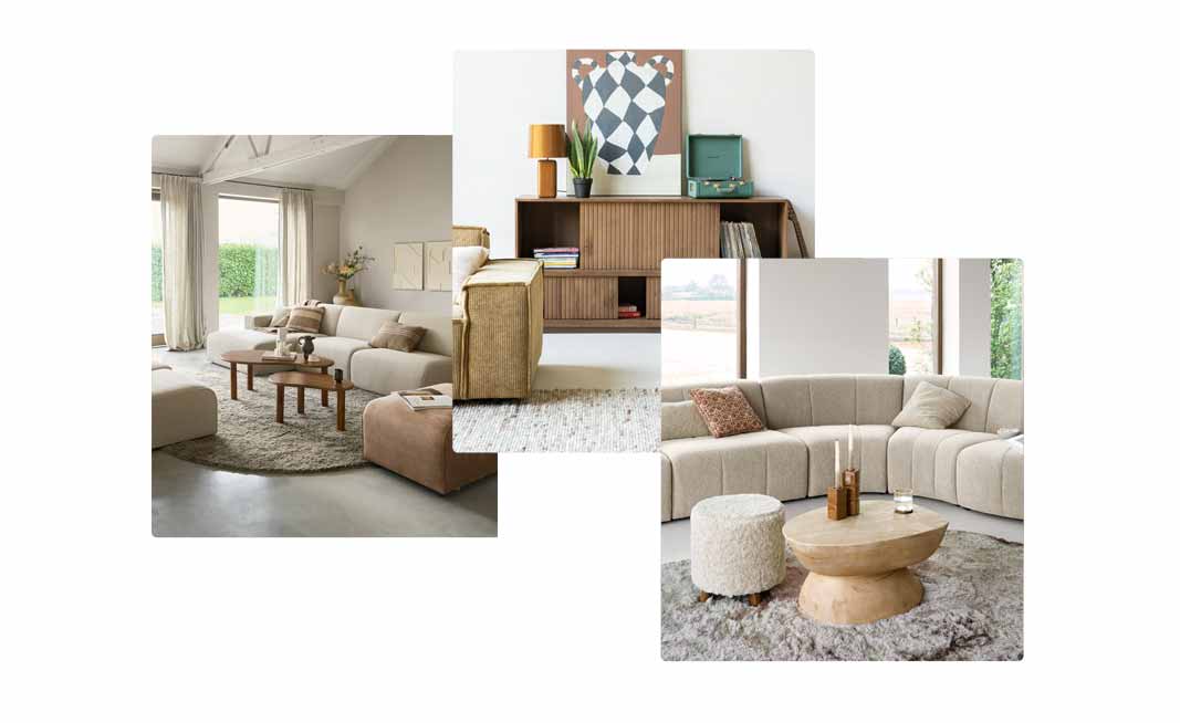 Sfeerfoto's van woonkamers met verschillende zitbanken