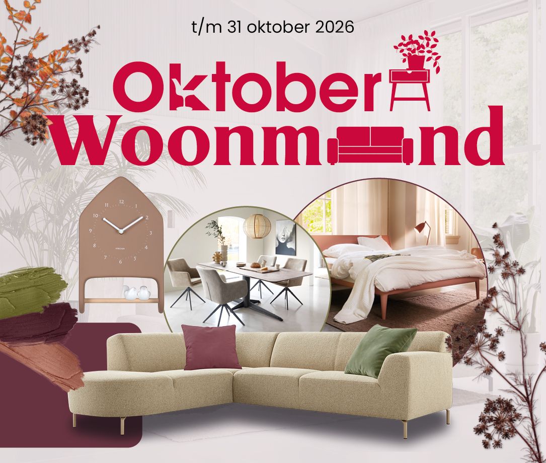 Oktober Woonmaand banner voor een speeddate met baukje snieder en een bedden opmaak wedstrijd bij Kapenga wonen