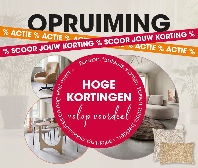 Banner van de Pre-Opruiming bij Kapenga Wonen met hoge kortingen op meubels, verlichting, woonaccessoires en woondecoratie.