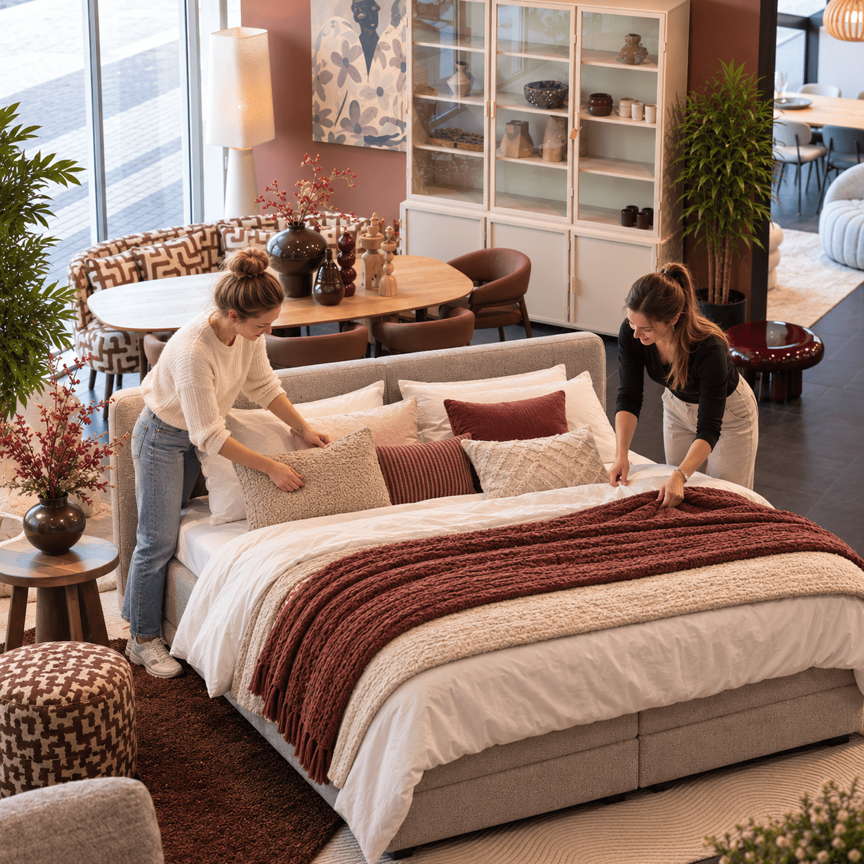 Twee vrouwen maken samen een bed op met wit beddengoed, sierkussens en een roodbruin plaid.