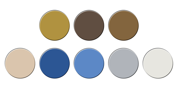 Kleurenoverzicht met warme aardetinten en koele blauwtinten in ronde vlakken