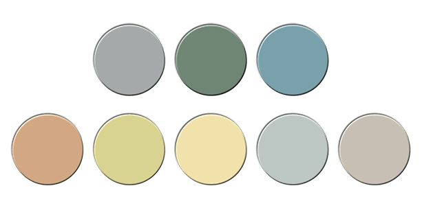 Acht kleurcirkels in zachte tinten groen, blauw, grijs, beige en geel