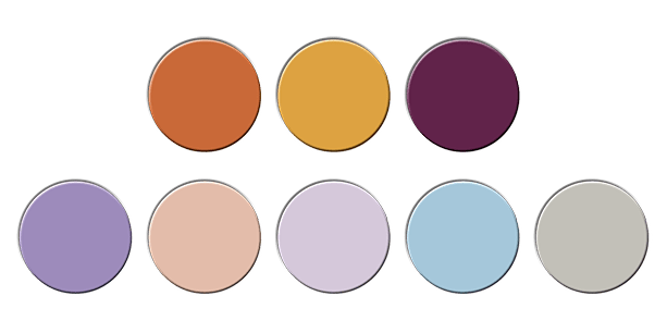 Acht kleurcirkels in oranje, geel, paars, lila, blauw en neutrale tinten