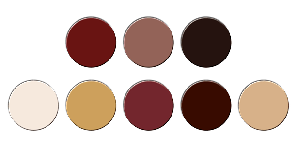 Acht kleurcirkels in warme tinten rood, bruin, beige en goud