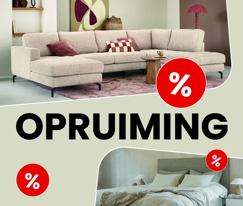 Opruiming | Ontdek woonfavorieten met voordeel Banner van de Opruiming met aanbiedingen op meubels, eetkamers, banken en woonaccessoires.