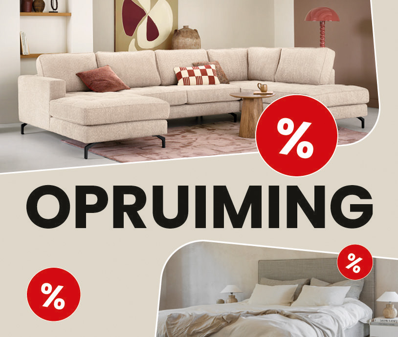 Banner van de Opruiming met aanbiedingen op meubels, eetkamers, banken en woonaccessoires.