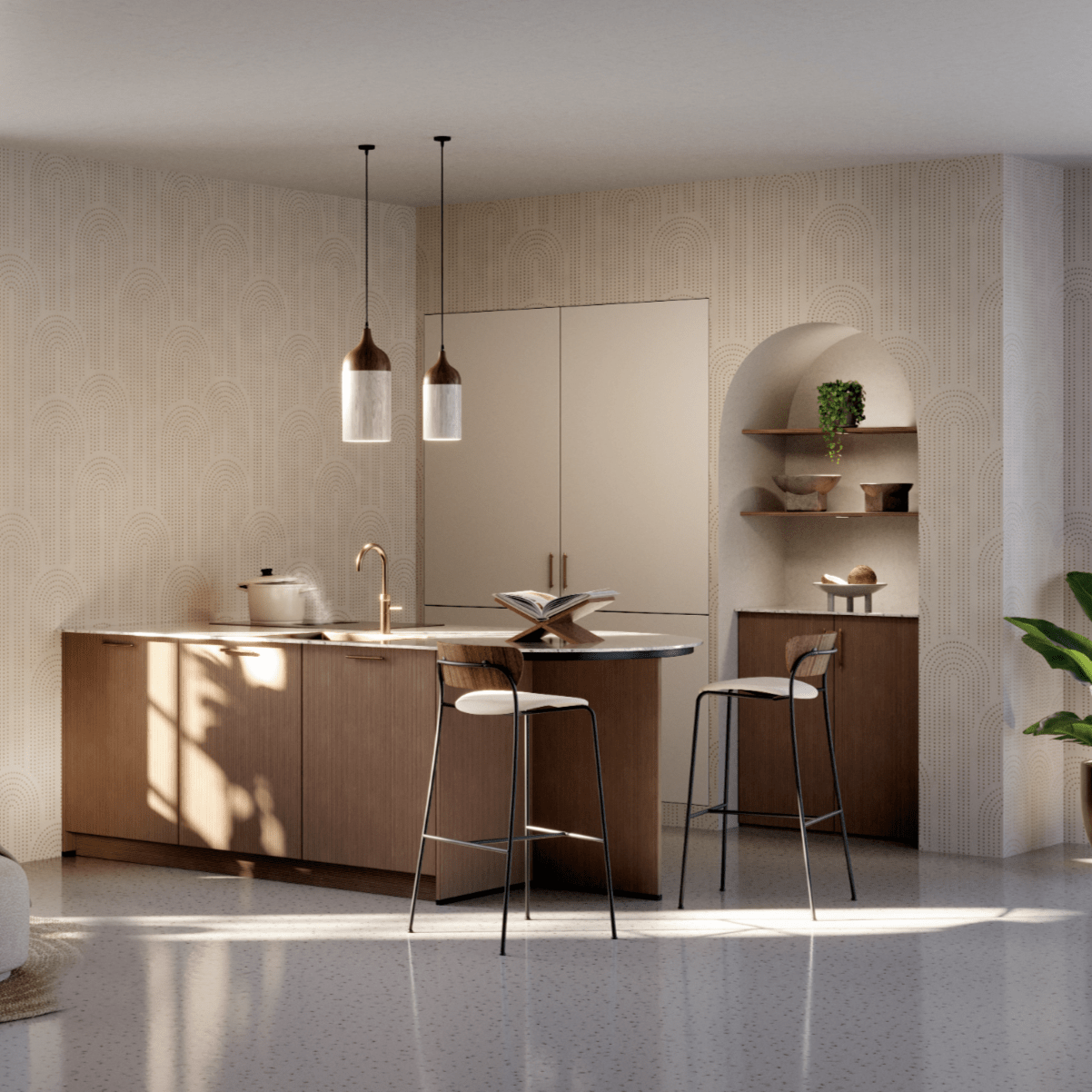 Moderne keuken met kookeiland en warme houttinten