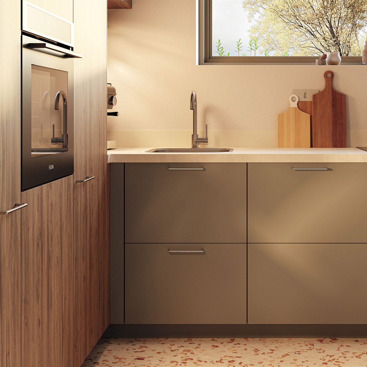 Keuken van Superkeukens met de kleur groen en een houtnerf