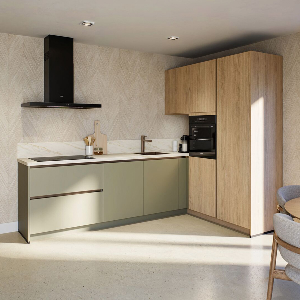 Keuken van Keukendepot in het groen met een houten kastenwand