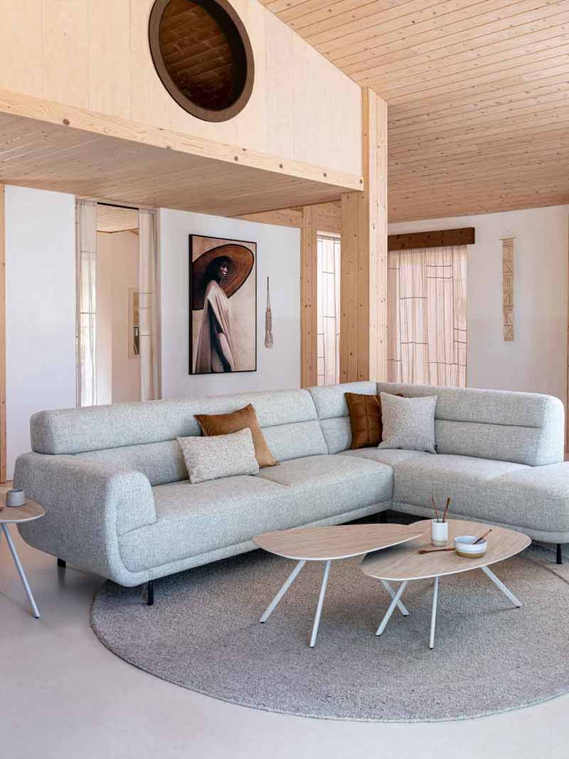 Ruime woonkamer met beige hoekbank, houten plafond en grafisch vloerkleed in natuurlijke stijl