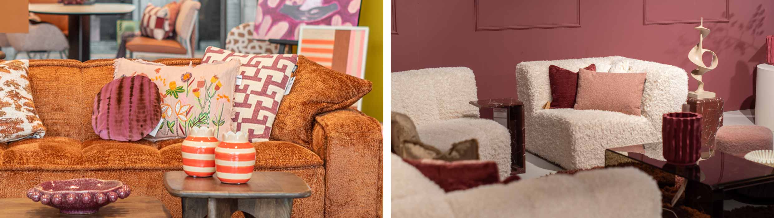 Sfeerimpressies van de woontrends 2026 met twee woonkamers met kleurrijke kussens op een paarse en beige bank