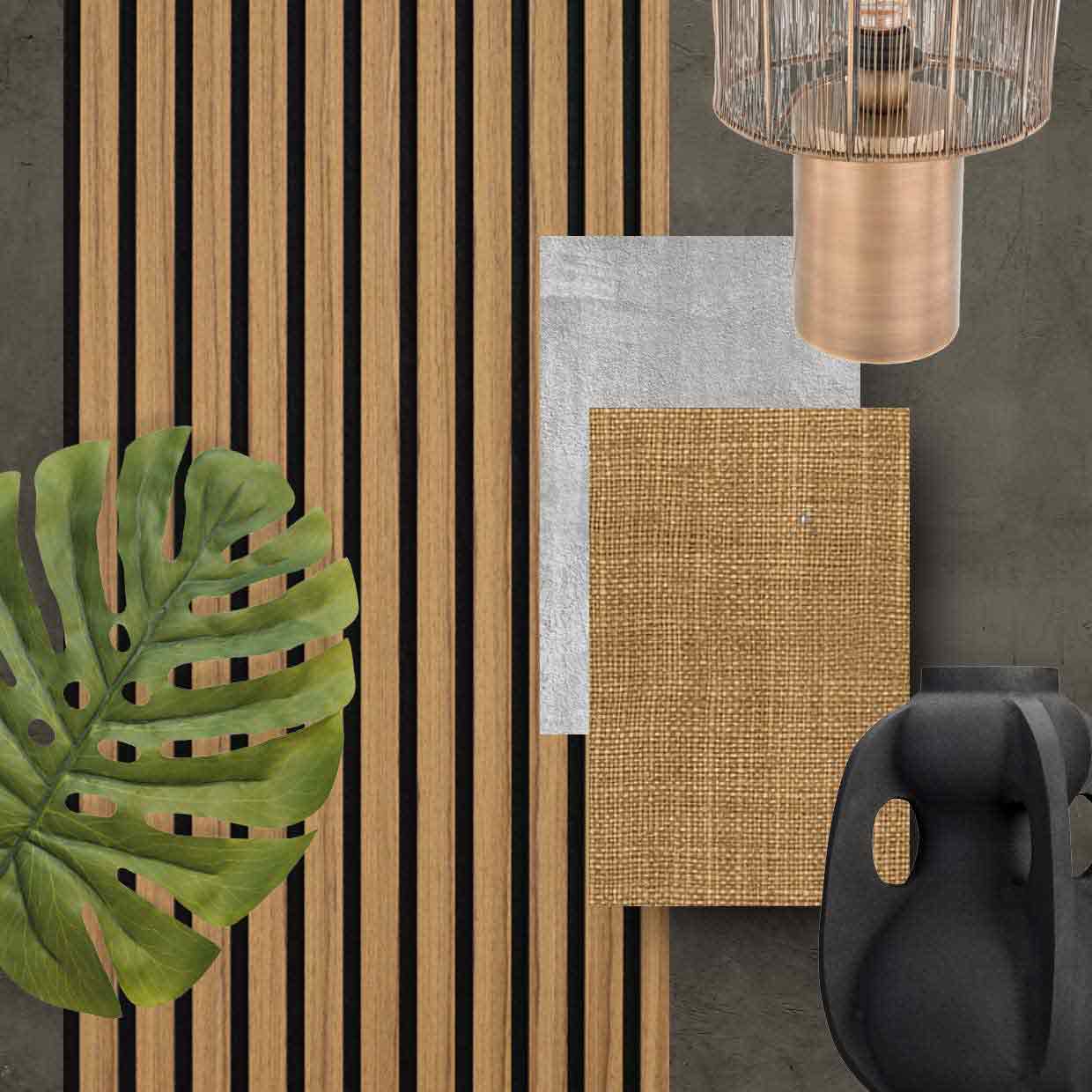 Collage van materialen en kleuren die horen bij de woonstijl industrieel